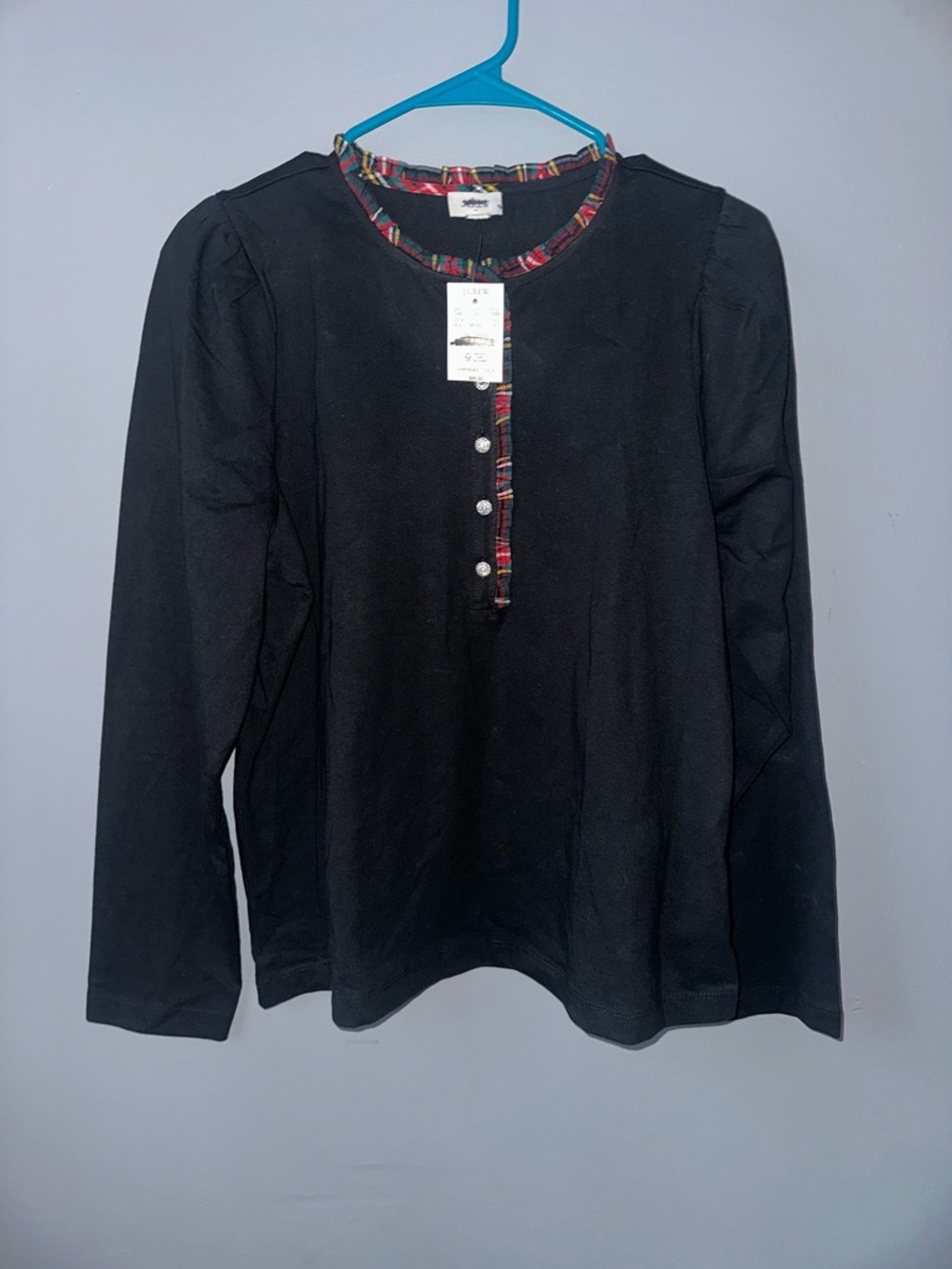 J. Crew NWT‎ Black Long-Sleeve tartan and jewels Henley women’s medium - Picture 3 of 12